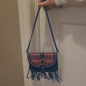 Blue and Multicolor Fringe Boho Crossbody Bag